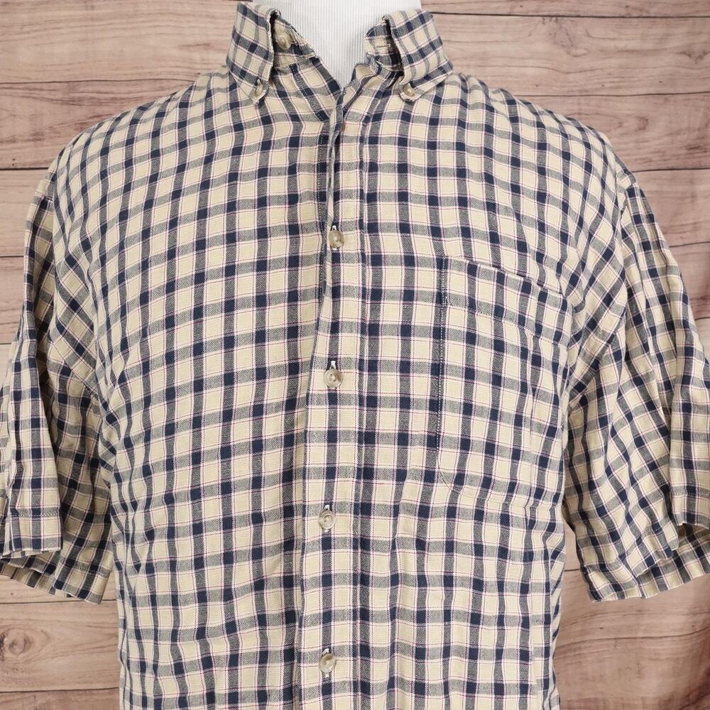 Roundtree & Yorke Shirt Mens XL Blue Plaid Short‎ Sleeve Linen Button Up Casual